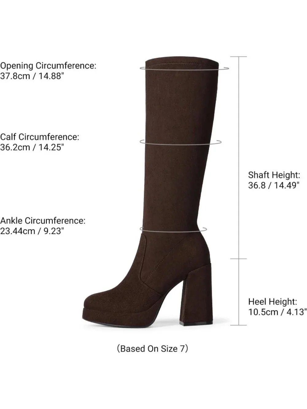 Women's Dark Brown Chunky Platform Heel Round Toe Side Zipper Knee High Boots